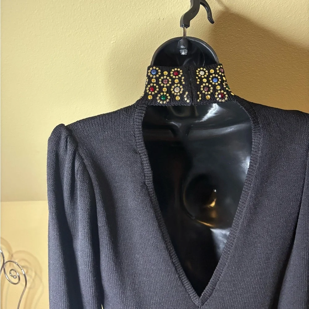 Vintage St.John Santana Knit Black Embellished Dress Jeweled Collar Size 4 - Picture 10 of 16